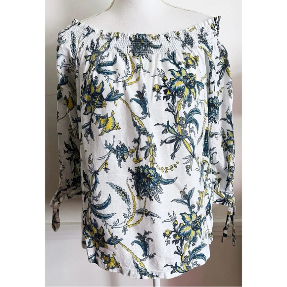 Loft • White Blue Yellow Off The Shoulder Cotton Blouse - Picture 1 of 5